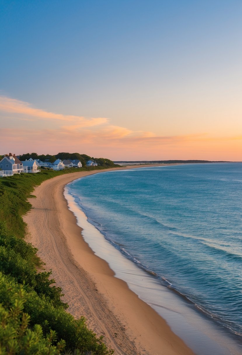 Sunset over the 7 best beaches in Nantucket, with golden sand, clear blue waters, and lush greenery along the shore