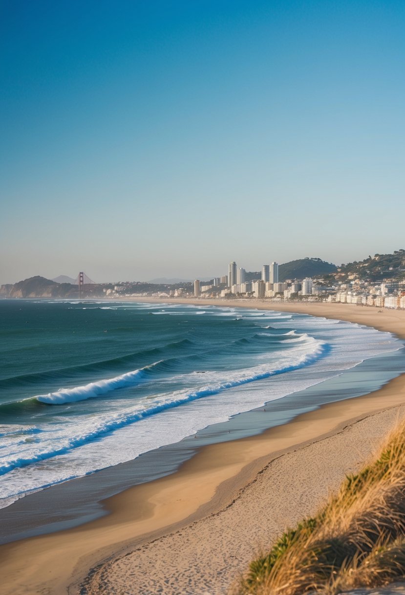 A picturesque view of Cisco Beach with golden sand, rolling waves, and a clear blue sky