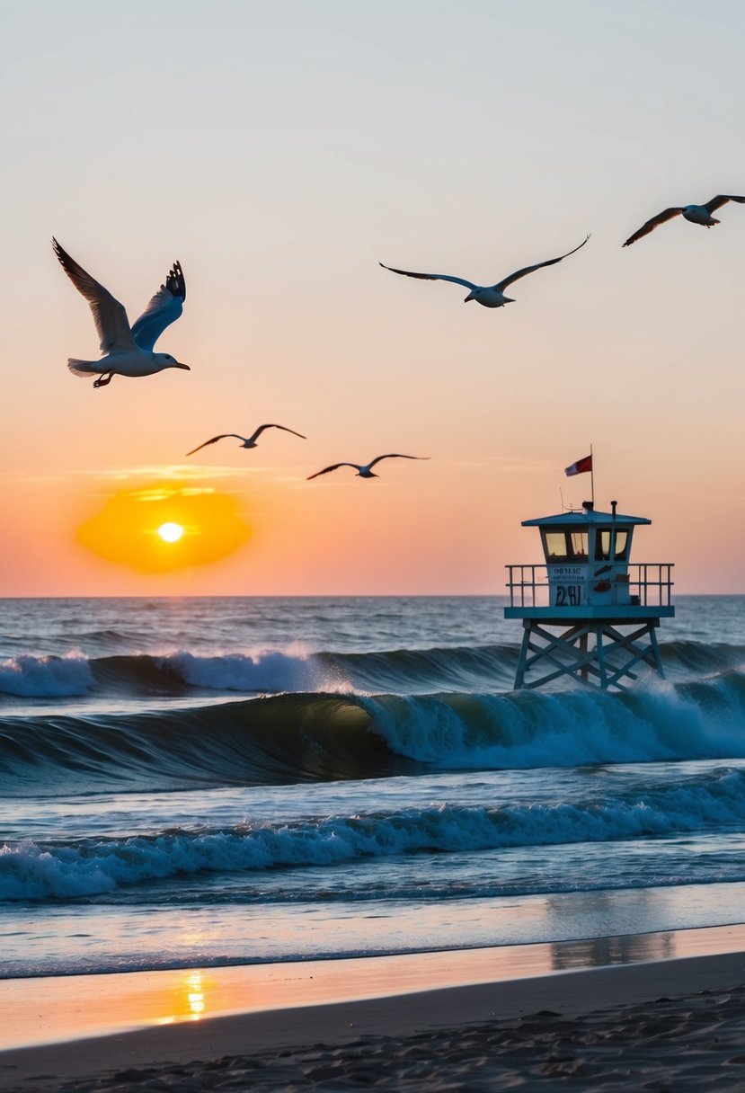 Sunset over Surfside Beach, waves crashing on the sandy shore, seagulls soaring in the sky, and a lifeguard tower standing tall against the horizon