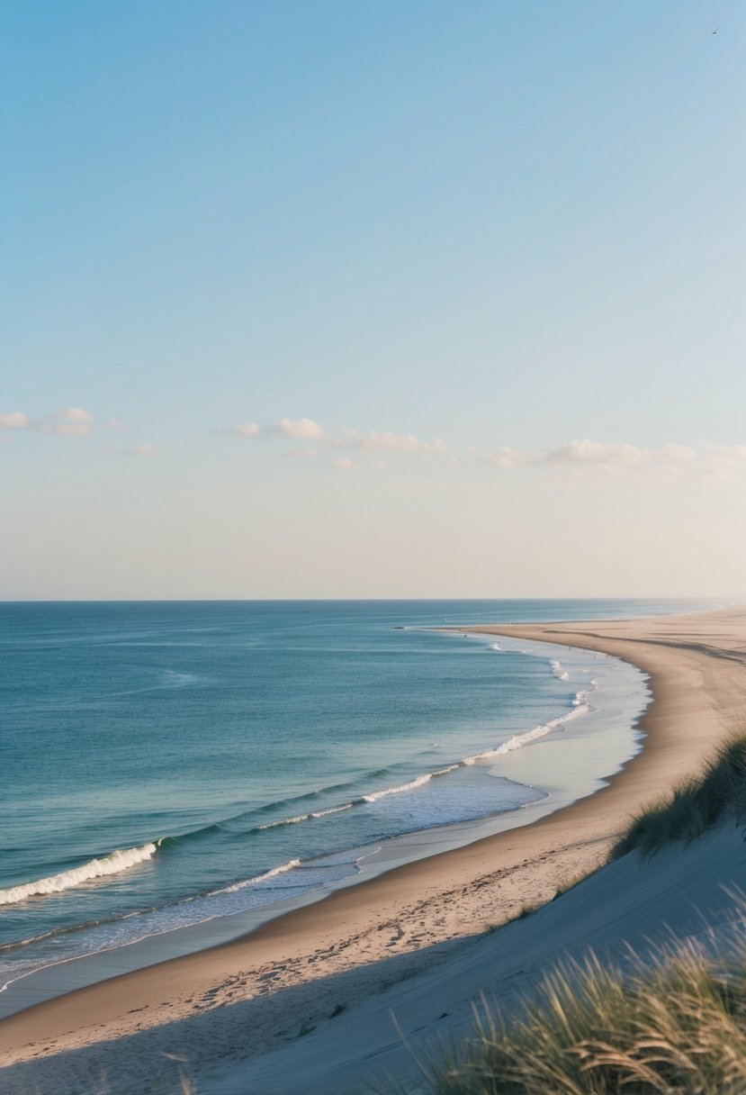 A serene beach with calm waters, sandy shores, and dunes, framed by a clear blue sky and the gentle waves of the ocean