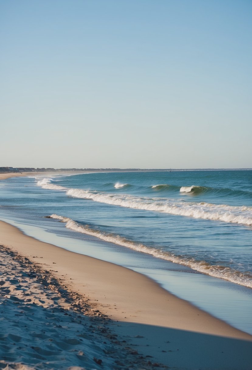 A serene scene of Siasconset Beach, with gentle waves, sandy shore, and a clear blue sky