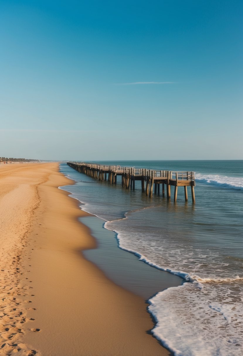 A serene beach with gentle waves, golden sand, and a clear blue sky. A row of wooden jetties stretches out into the calm ocean