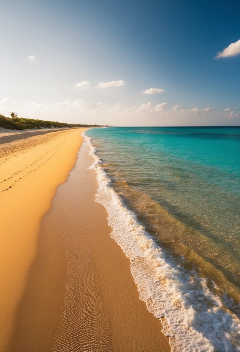 Golden sand stretches along the shore, meeting the crystal clear waters of Nobadeer Beach. The sun shines brightly in the cloudless sky, casting a warm glow over the picturesque scene