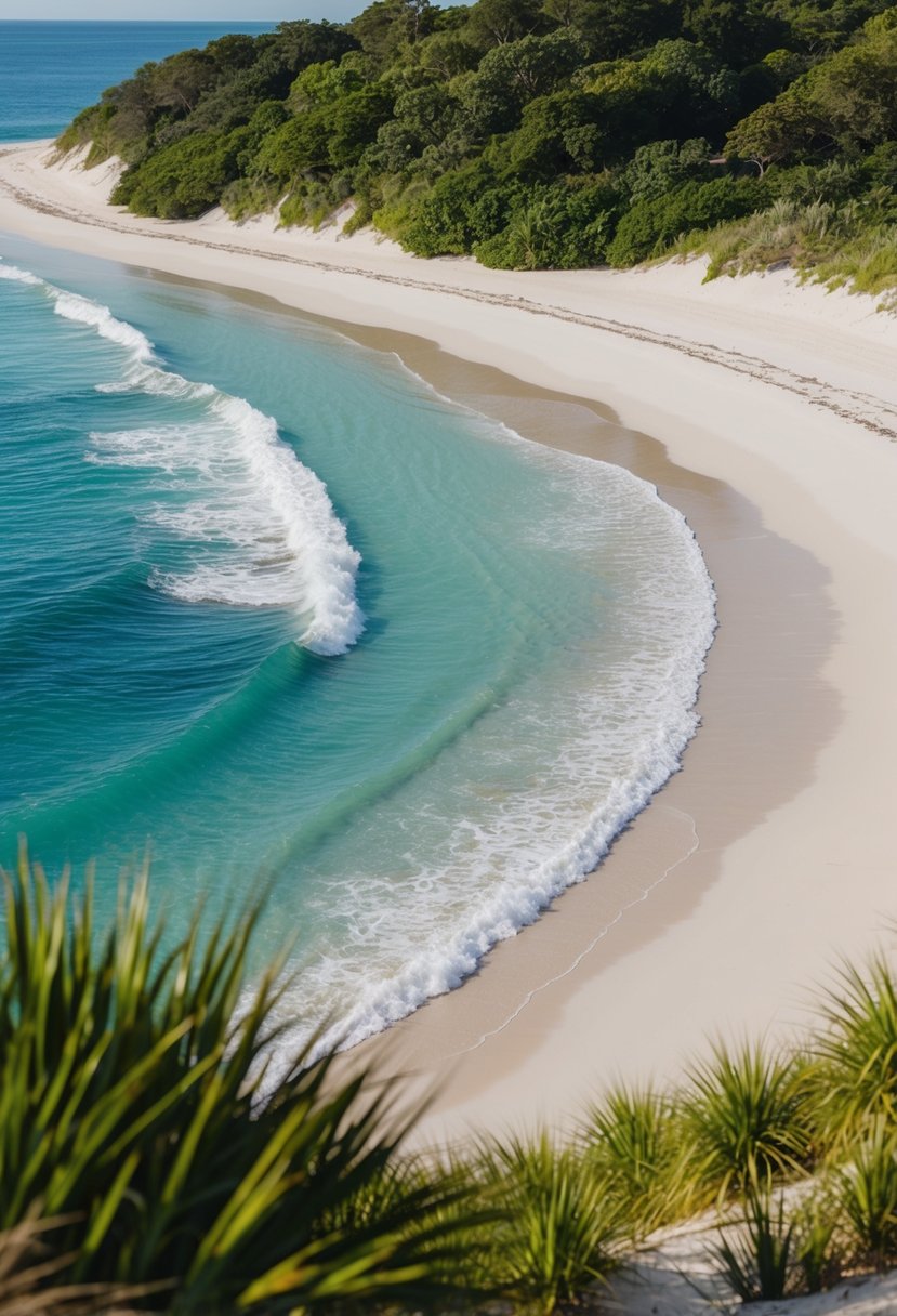 A serene beach with soft white sand, crystal clear waters, and gentle waves breaking along the shore. Lush greenery and dunes surround the beach, creating a peaceful and idyllic coastal scene