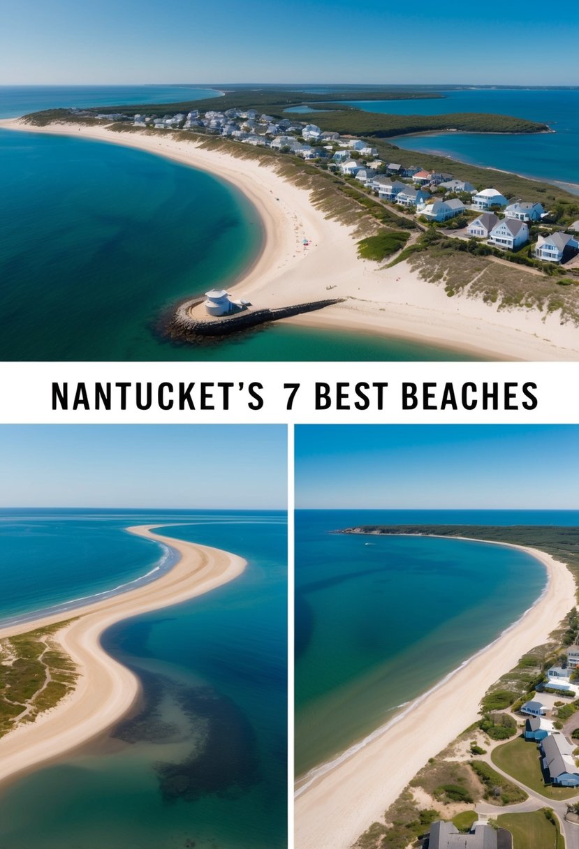 Aerial view of Nantucket's 7 best beaches, showcasing their unique geographical features such as sandy shores, dunes, cliffs, and clear blue waters