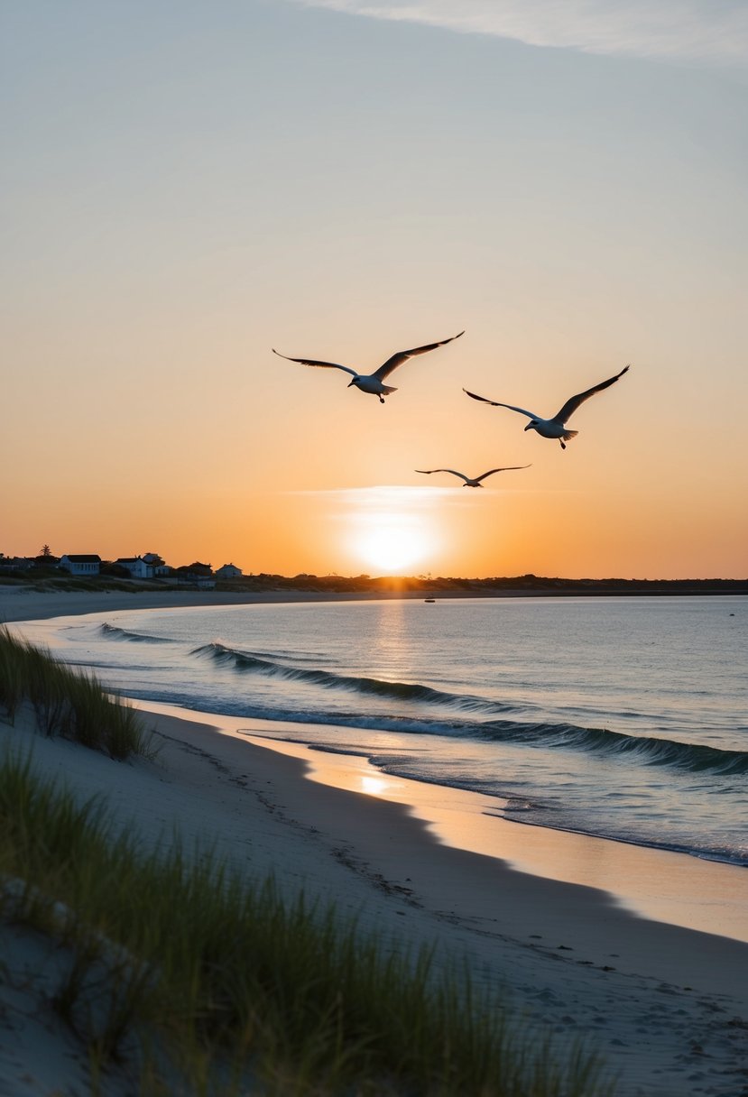 The sun sets over the pristine shores of Nantucket, with gentle waves lapping at the sandy beaches and seagulls soaring above the natural dunes and grassy habitats