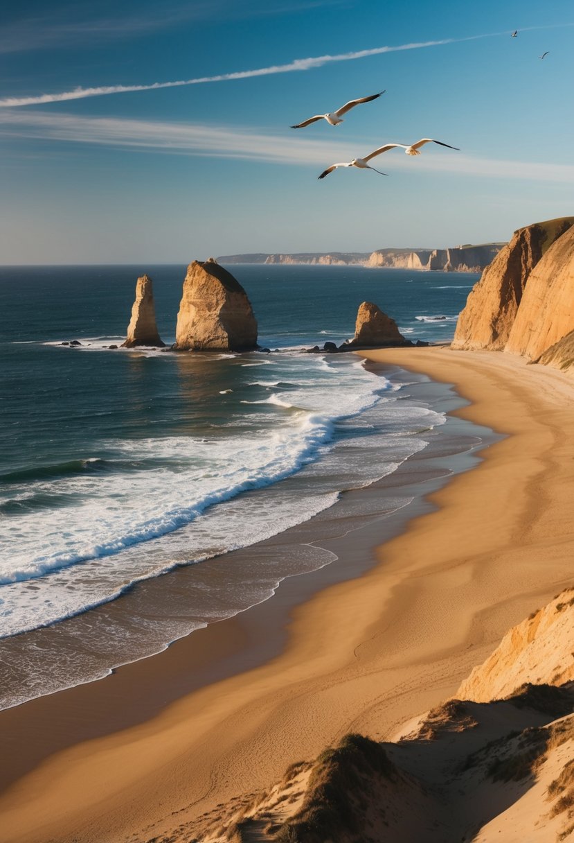 Golden sand stretches along the coast, framed by rugged cliffs and the iconic Haystack Rock rising from the ocean. Waves crash against the shore, and seagulls soar overhead