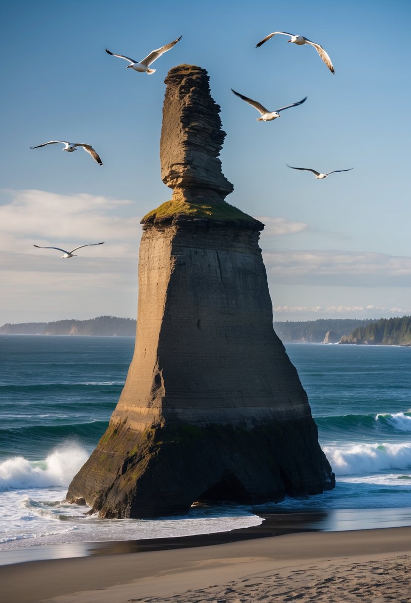 A towering Haystack Rock stands against the backdrop of the 5 best beaches in Oregon, with waves crashing against the shore and seagulls soaring in the sky