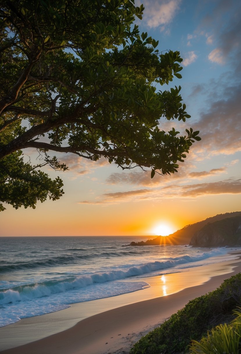 The sun sets over the rugged coastline of Oswald West State Park, with waves crashing onto the sandy beaches, surrounded by lush greenery