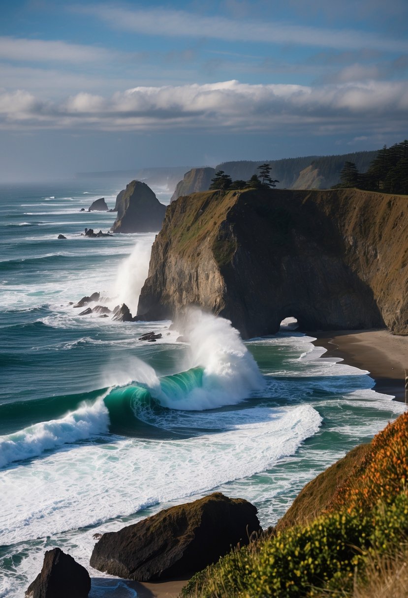 Waves crash against rocky cliffs at Cape Perpetua, showcasing the 5 best beaches in Oregon with sandy shores and stunning coastal views