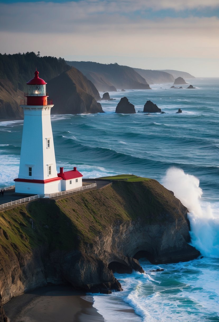 The Heceta Head Lighthouse stands tall against a backdrop of rugged cliffs and crashing waves, overlooking the 5 best beaches in Oregon