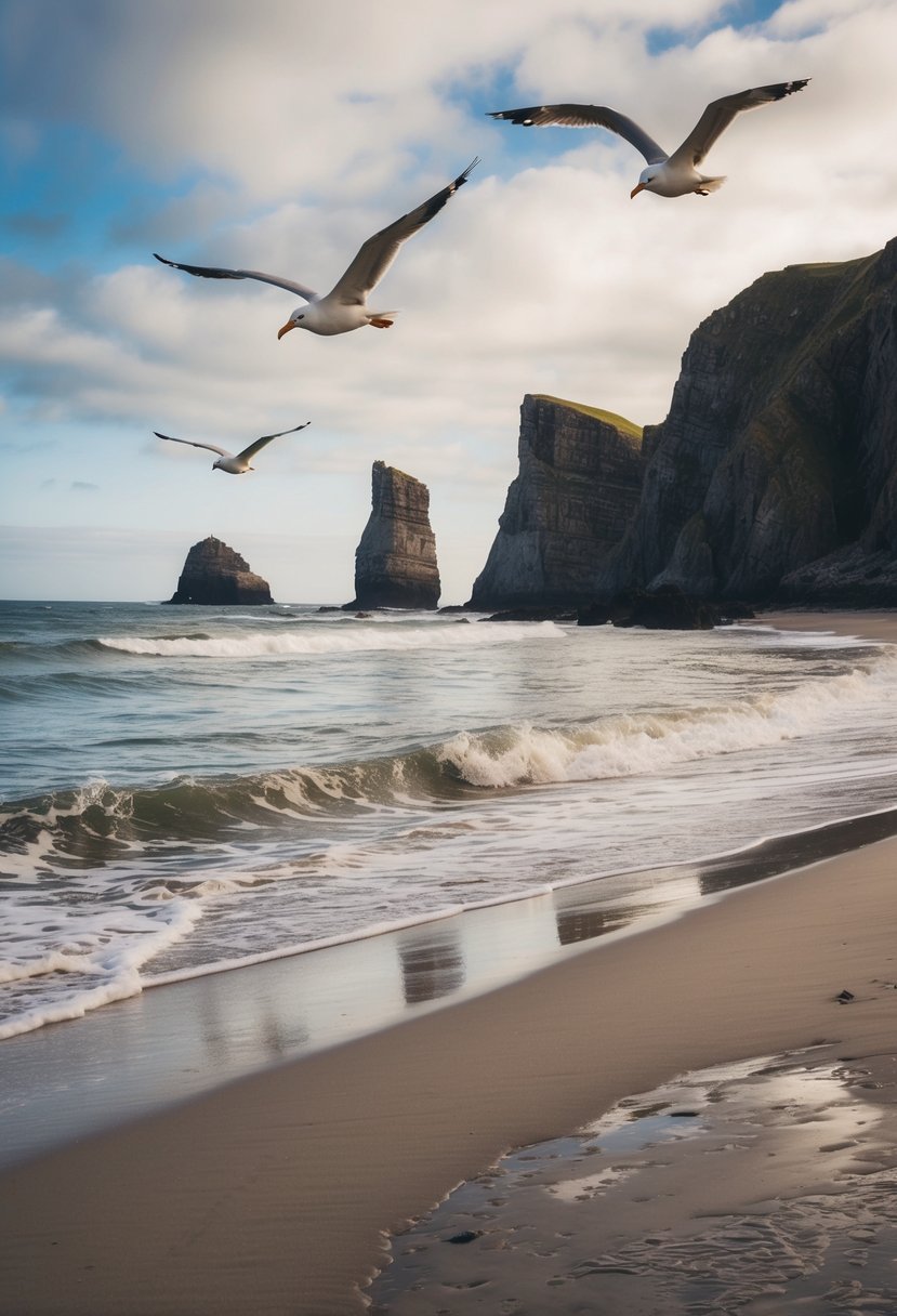 Gentle waves lap against the sandy shore, framed by towering sea stacks and rugged cliffs. Seagulls soar overhead while tide pools teem with marine life