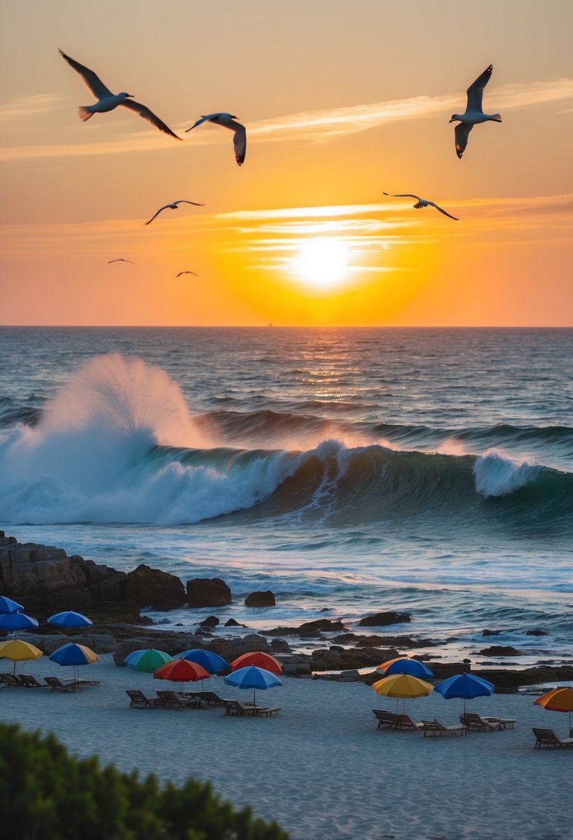 The sun sets over a rugged coastline, waves crashing against the rocky shore. Seagulls soar above as colorful beach umbrellas dot the sandy expanse