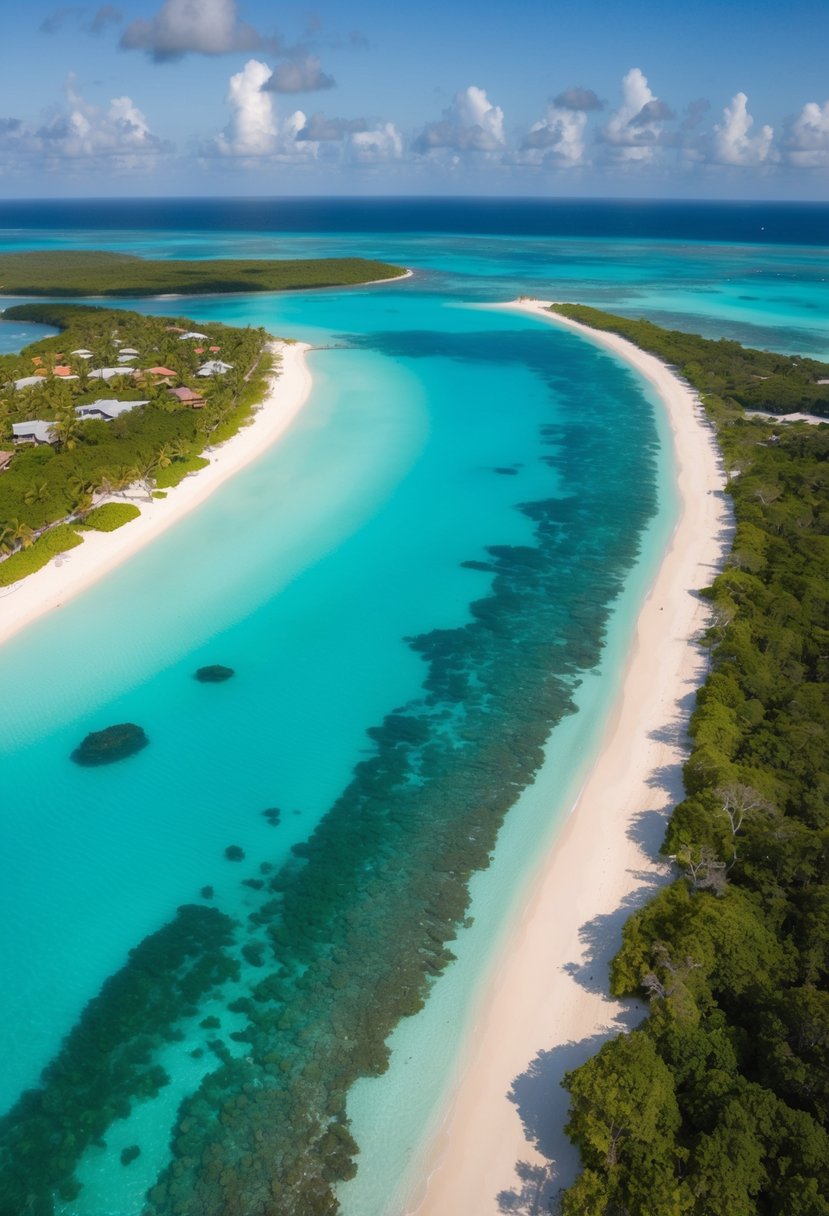 Aerial view of 5 pristine beaches in Roatan, with turquoise waters, white sandy shores, lush greenery, and colorful coral reefs