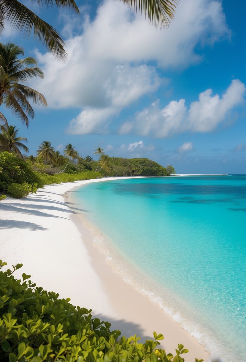 A pristine stretch of white sand meets the crystal-clear turquoise waters of West Bay Beach, surrounded by lush greenery and swaying palm trees