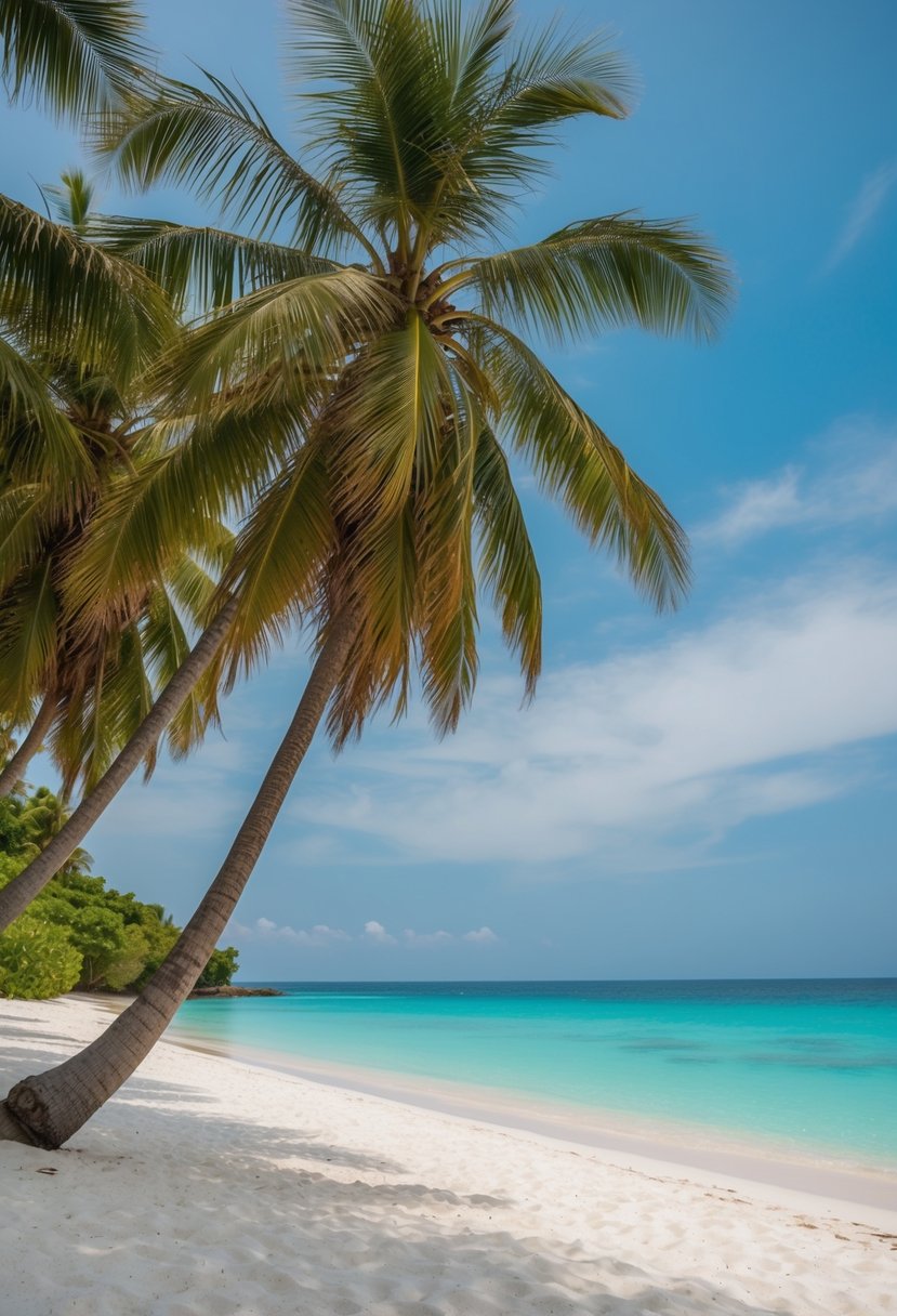 A serene, palm-fringed beach with crystal-clear turquoise waters and powdery white sand, set against a backdrop of lush greenery