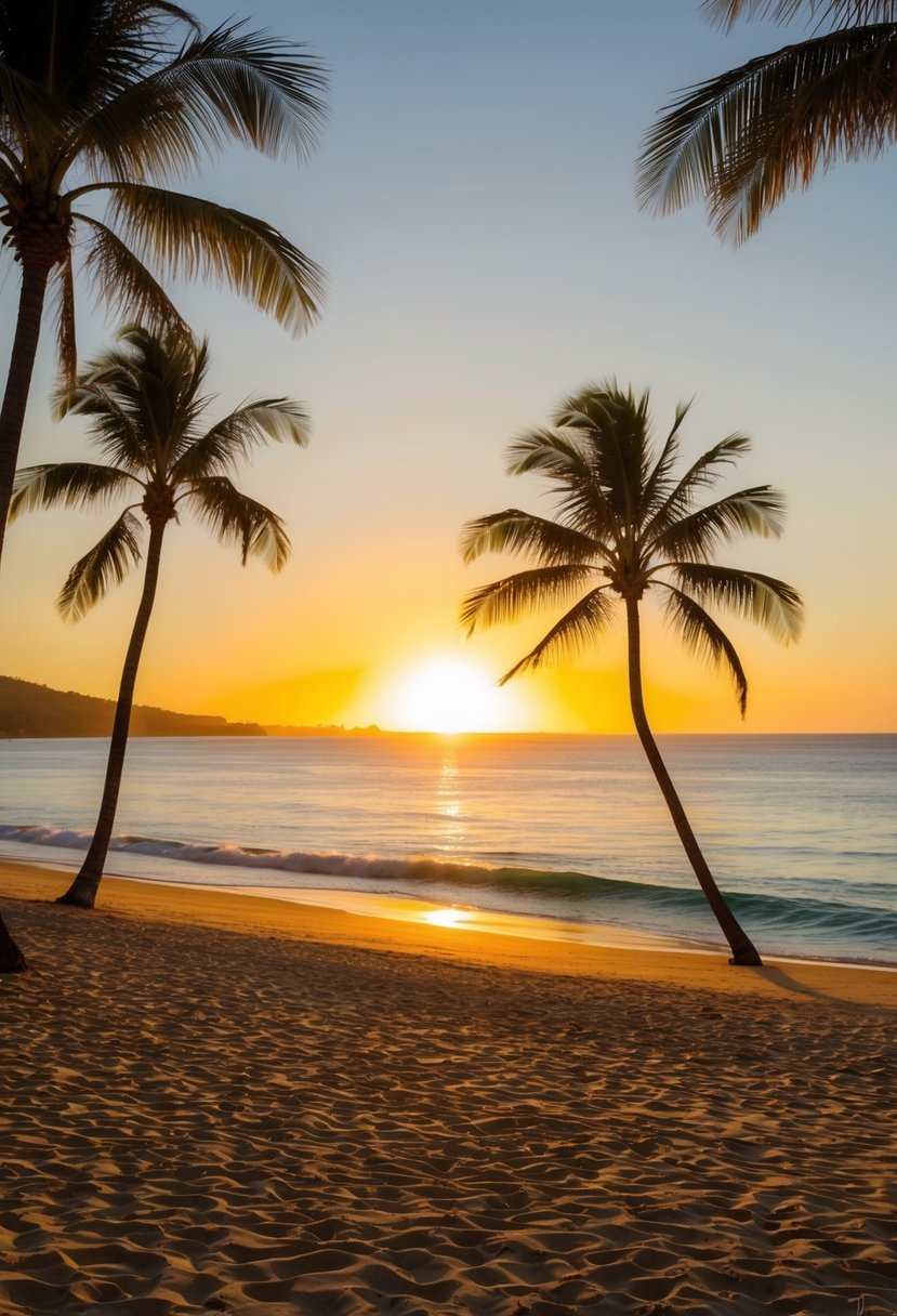 The sun sets over Half Moon Bay Beach, casting a warm glow on the golden sand and turquoise waters. Palm trees sway gently in the breeze, creating a serene and picturesque scene