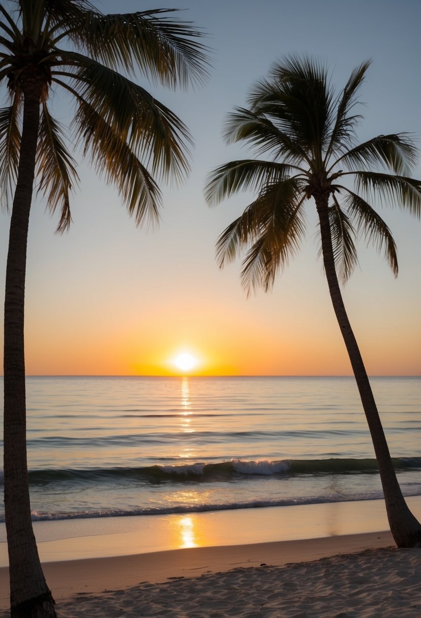 The sun sets over a tranquil shoreline, with palm trees swaying in the breeze and gentle waves lapping at the sandy beach