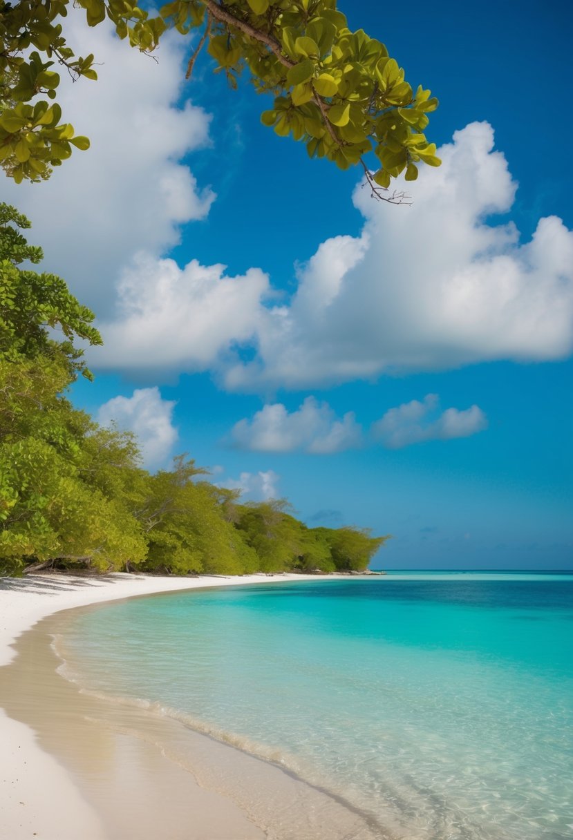 A serene beach with clear turquoise water, white sand, and lush greenery lining the shore at Little French Key in Roatan