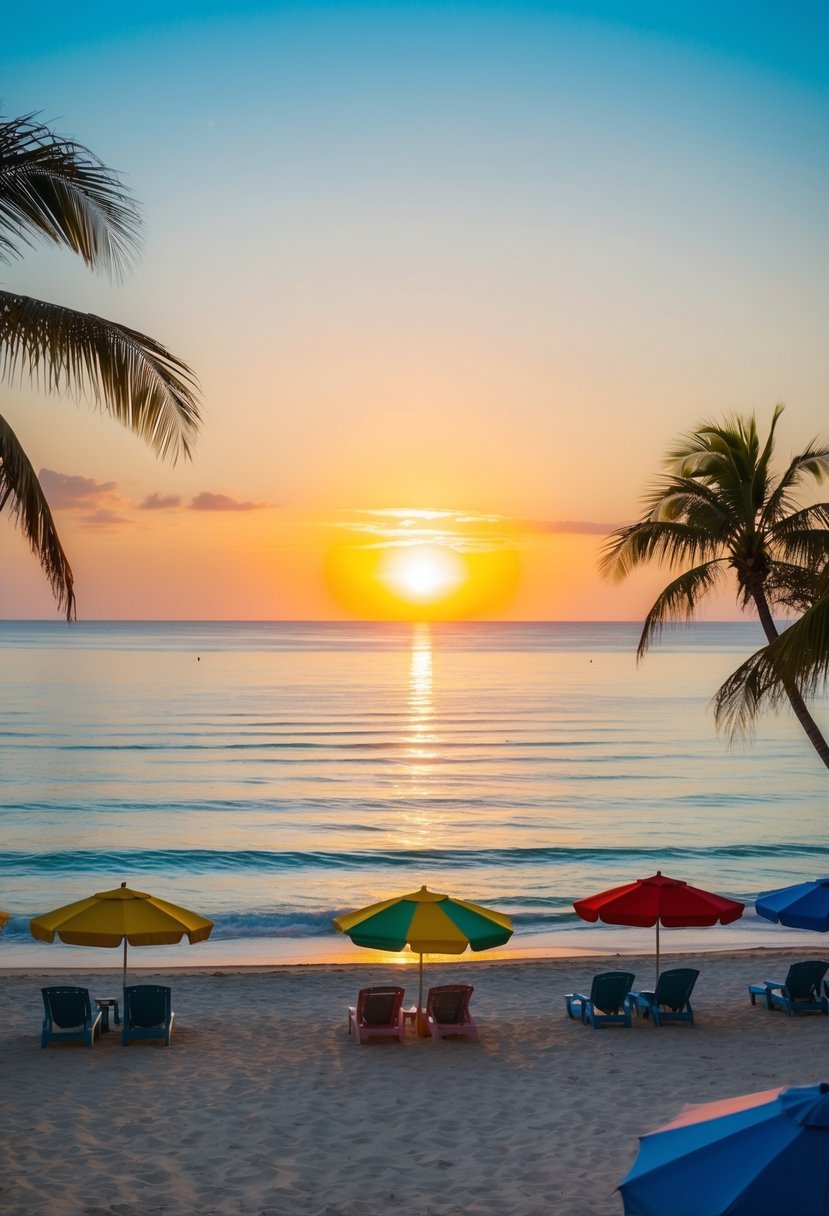 The sun setting over the crystal-clear waters of West Bay Beach, with palm trees swaying in the gentle breeze and colorful beach umbrellas dotting the sandy shore