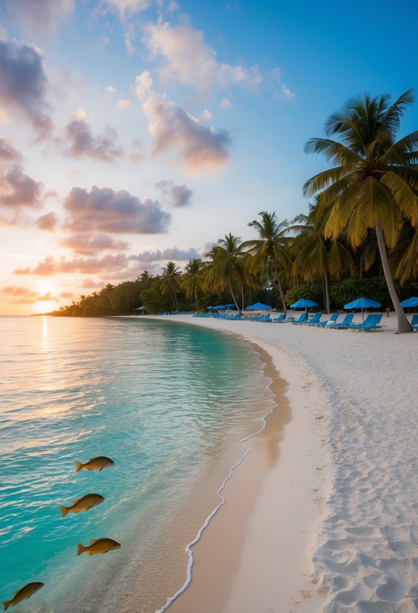 Sunset over West Bay Beach, palm trees lining the white sand, crystal-clear water with colorful fish swimming near the shore, a few beach chairs and umbrellas scattered along the coastline