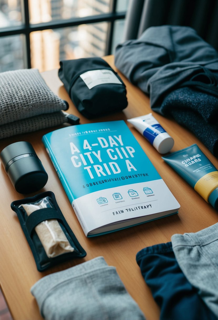 A table with clothes, toiletries, and a guidebook laid out for a 4-day city trip