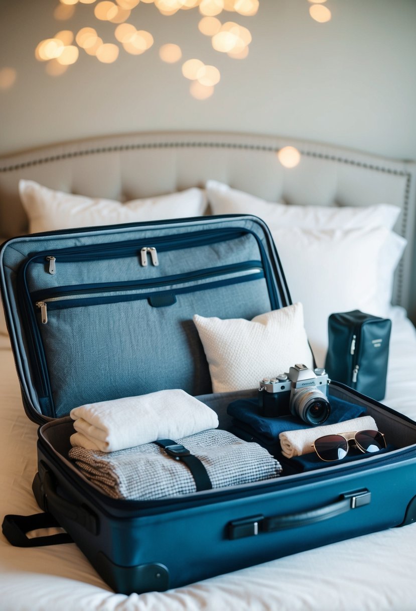A suitcase open on a bed, with neatly folded clothes, toiletries, and optional items like a camera and sunglasses laid out alongside